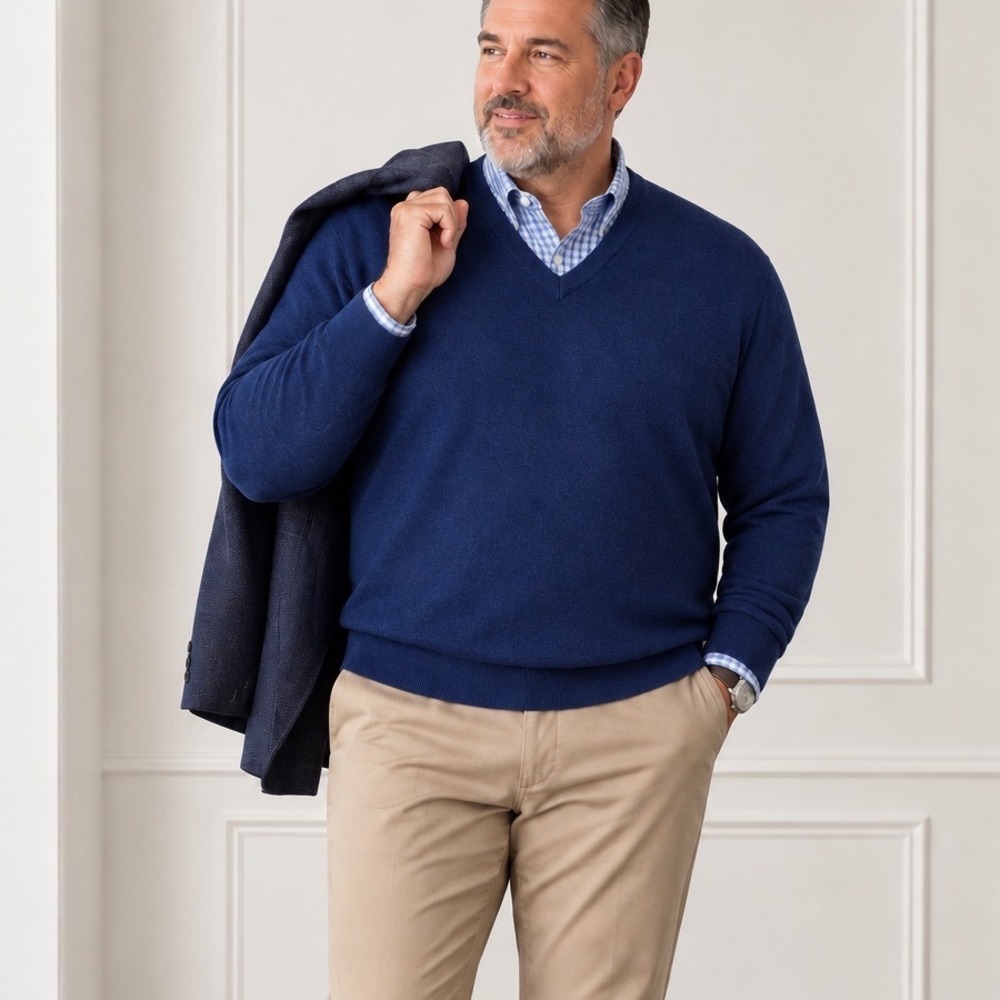 PETER MILLAR V-Neck Pullover 2XT Cotton Silk Cashmere Quiet Luxury Navy Blue